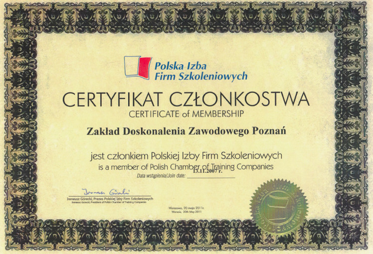 Certyfikatr członkowstwa – Polska Izba Firm Szkoleniowych
