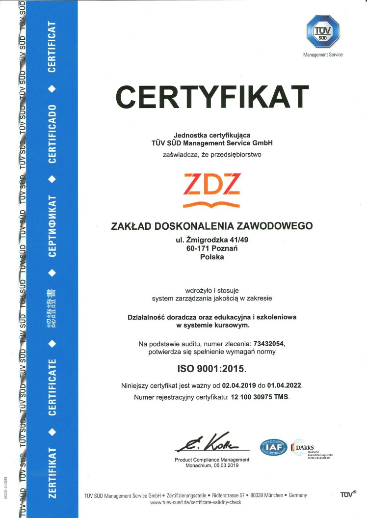 Certyfikat Jakości ISO 9001 (Certyfikat TÜV SÜD wdrożenia Systemu Zarządzania Jakością ISO 9001:2015)